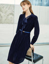 Navy Blue Tie Neck Pleated Midi Dress