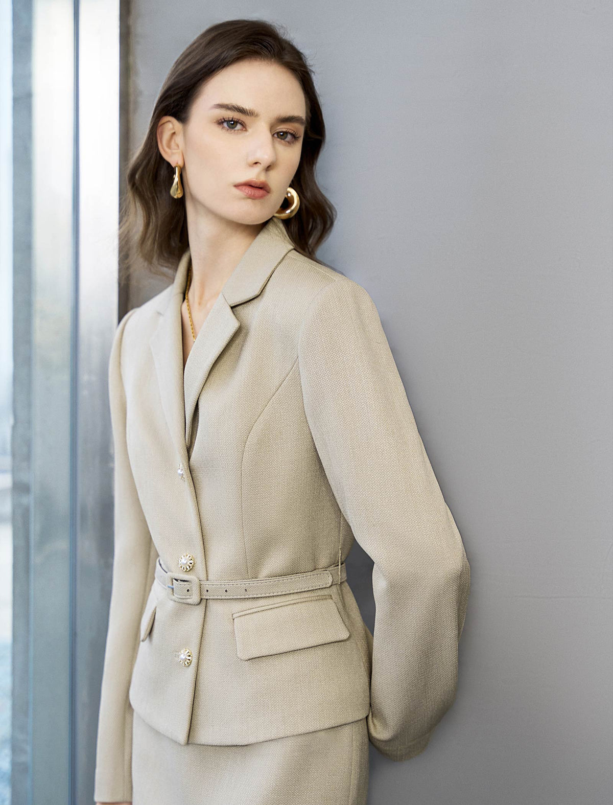 Champagne Textured Belted Blazer