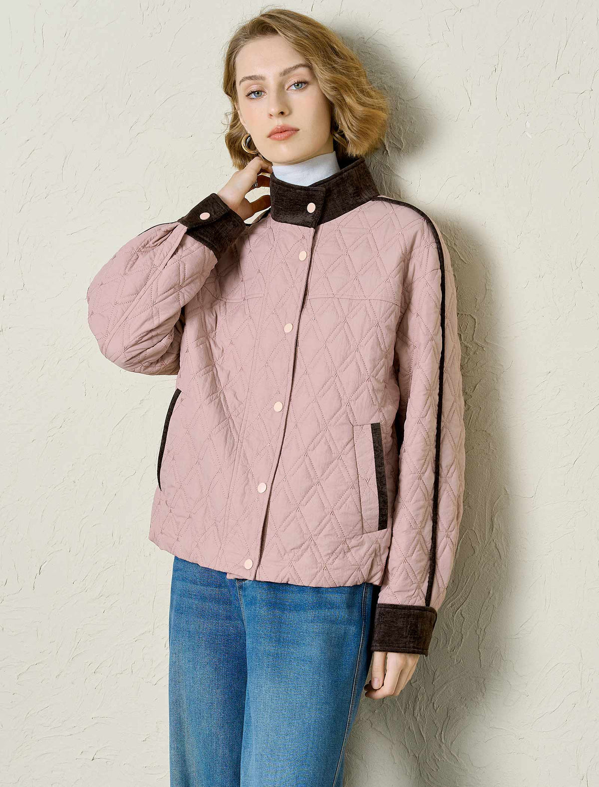 Blush Quilted Contrast Trim Bomber Jacket