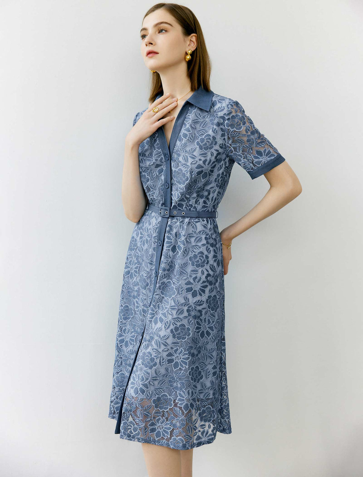 Cutout Lace Shirt Collar Dress