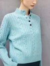 Wool Blend Cable-Knit Mock-Neck Button-Placket Sweater
