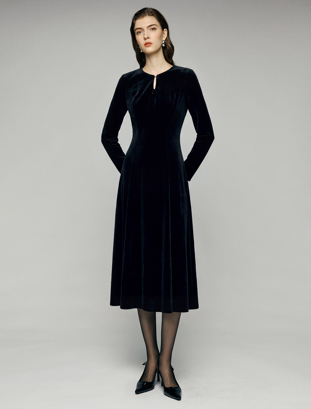 Velvet Keyhole Long Sleeve A-Line Midi Dress