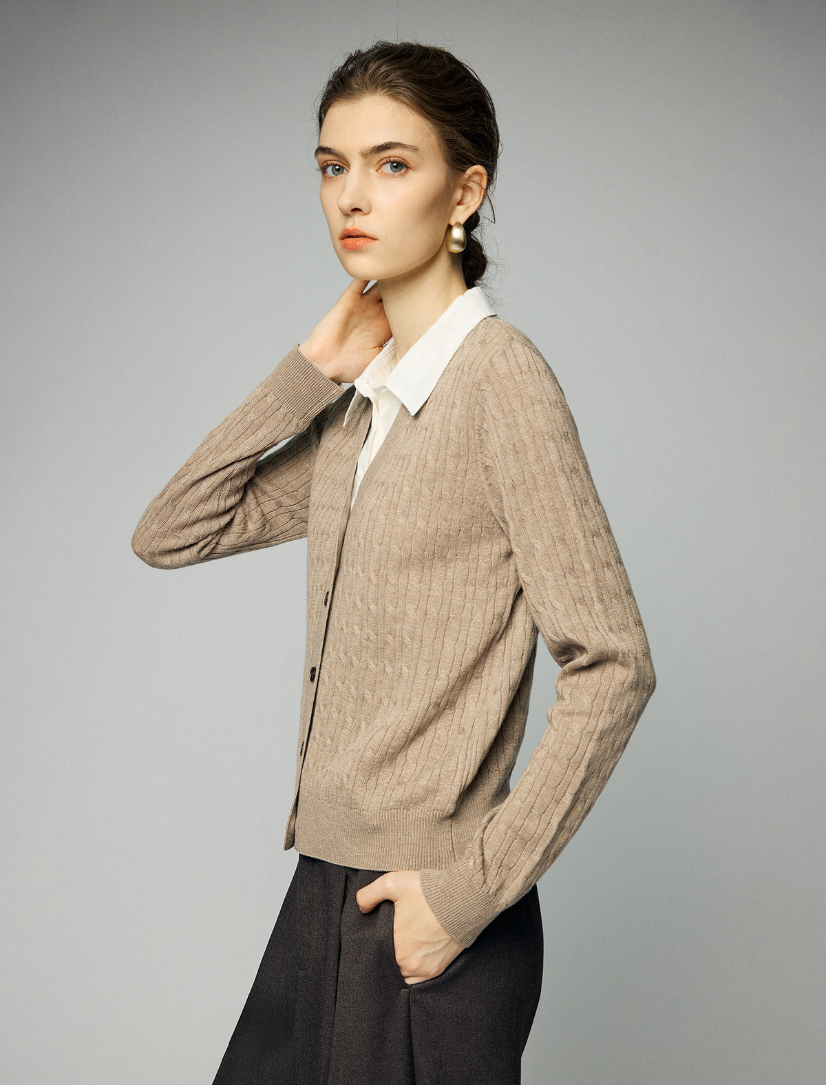 Wool Blend Cable-Knit V-Neck Button-Front Cardigan