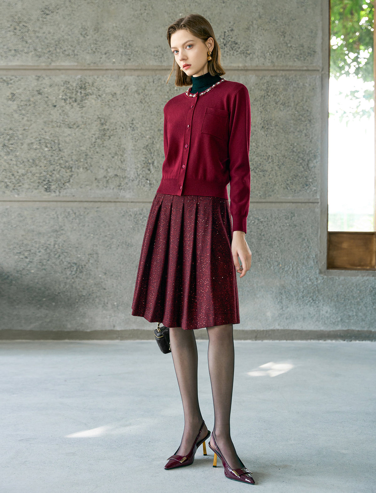 Sparkle Tweed Box-Pleated Knee-Length Skirt