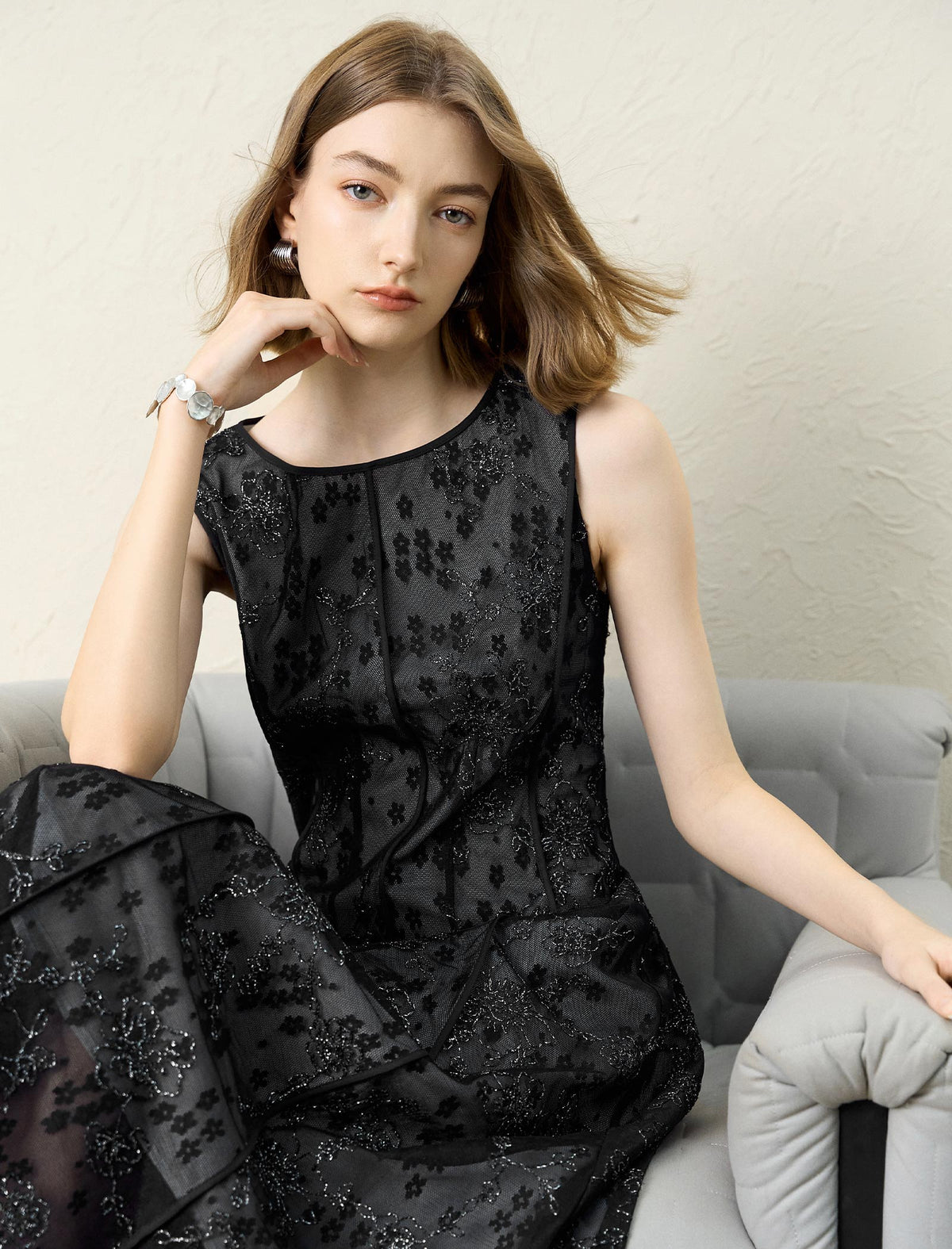 Venetian Nocturne Jacquard Mesh Midi Dress