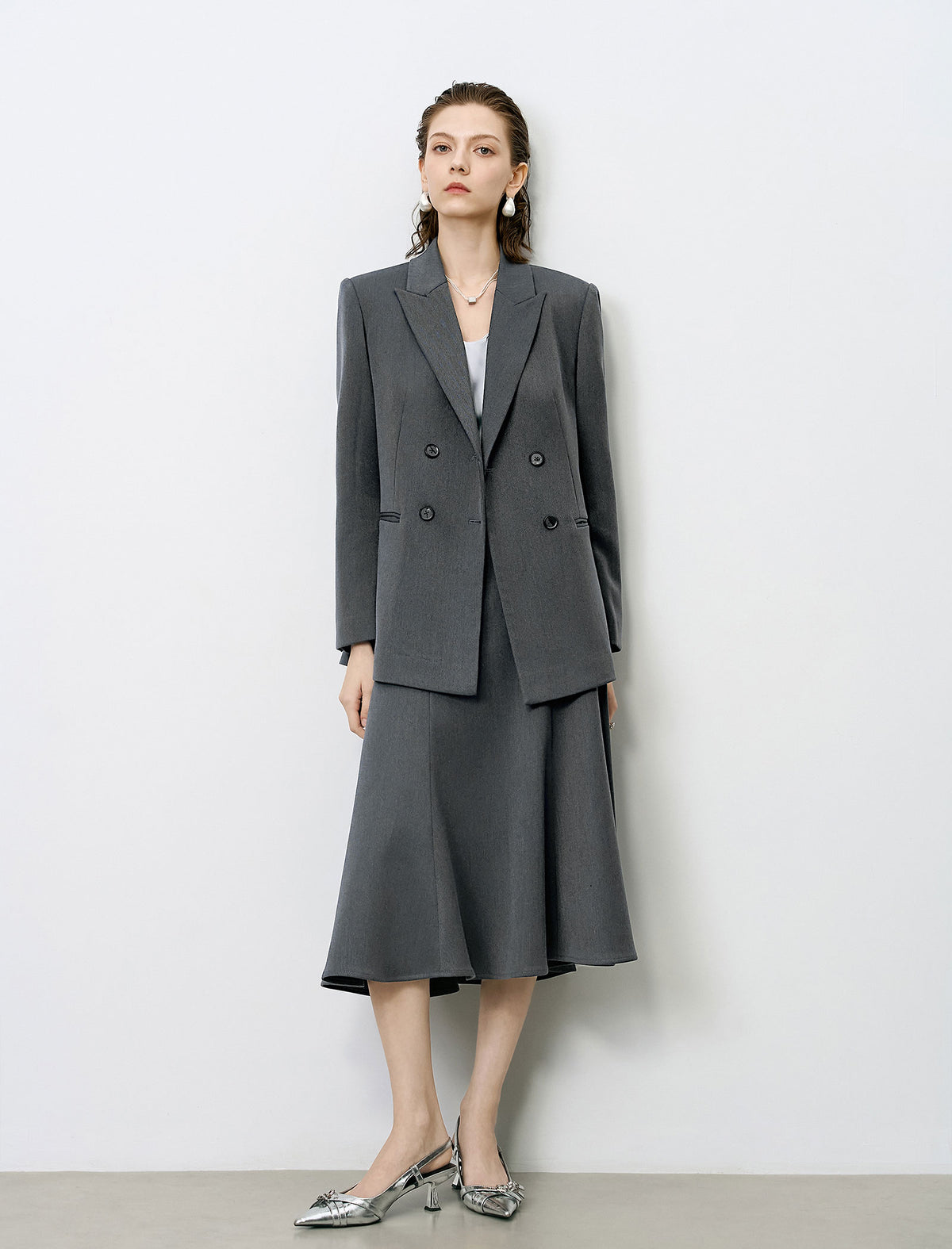 High Waist Grey Flared Midi A-Line Skirt