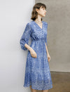 V‑Neck Drawstring Floral Chiffon Midi Dress