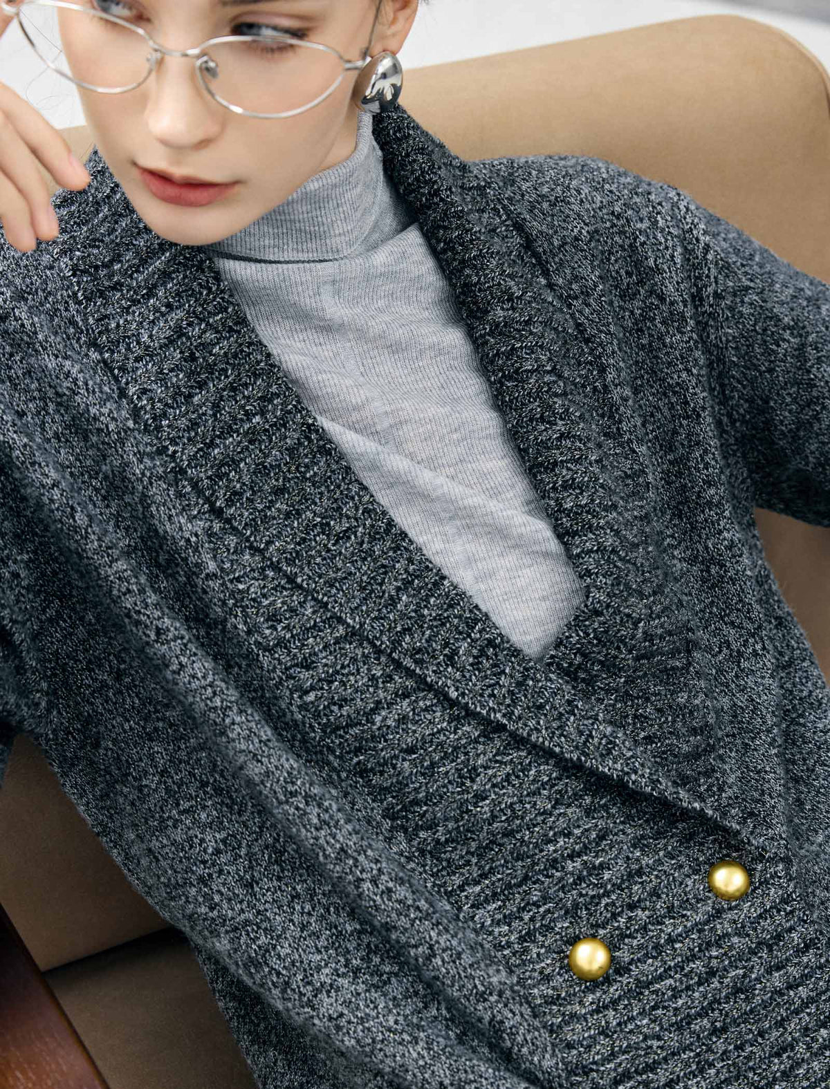Wool Blend Shawl-Collar Double-Breasted Cropped Cardigan