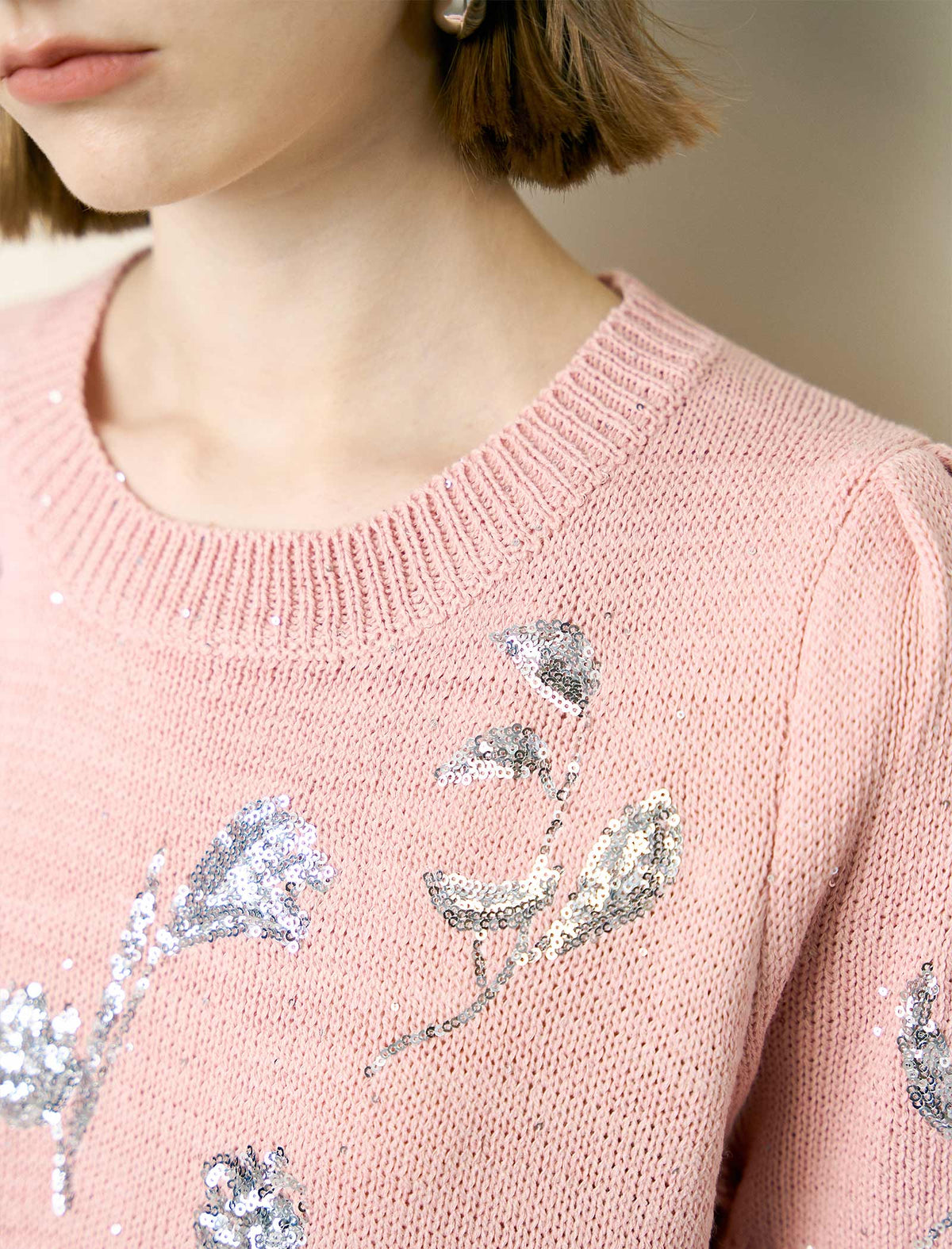 Pink Flora-Embroidered Short-Sleeve Knit Blouse