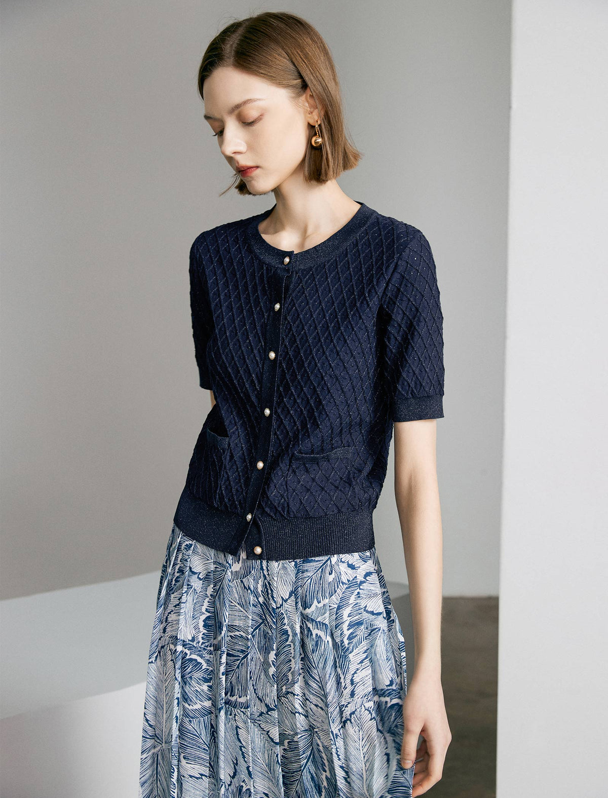 Diamond Textured Short Sleeve Knit Cardigan
