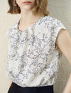 Tencel Linen Floral Print Pearl Button Cap Sleeve Blouse Top