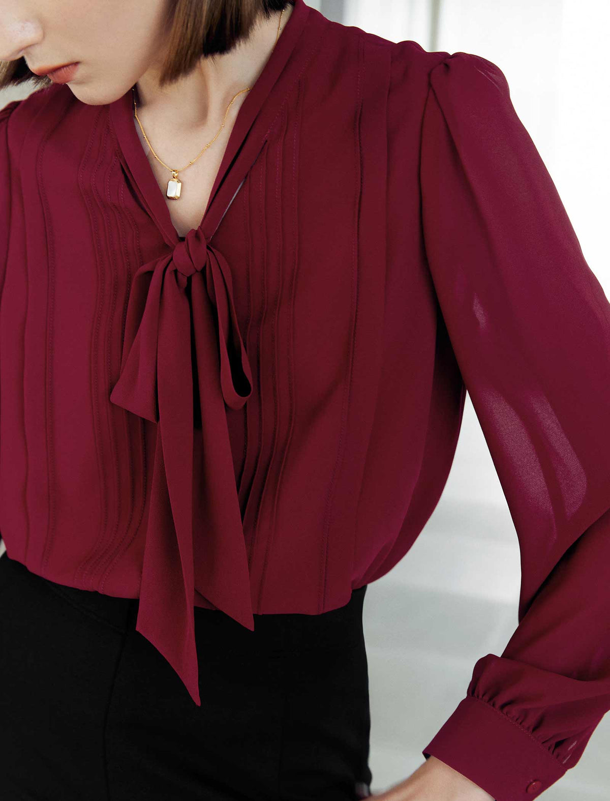 Burgundy Tie-Neck Blouse