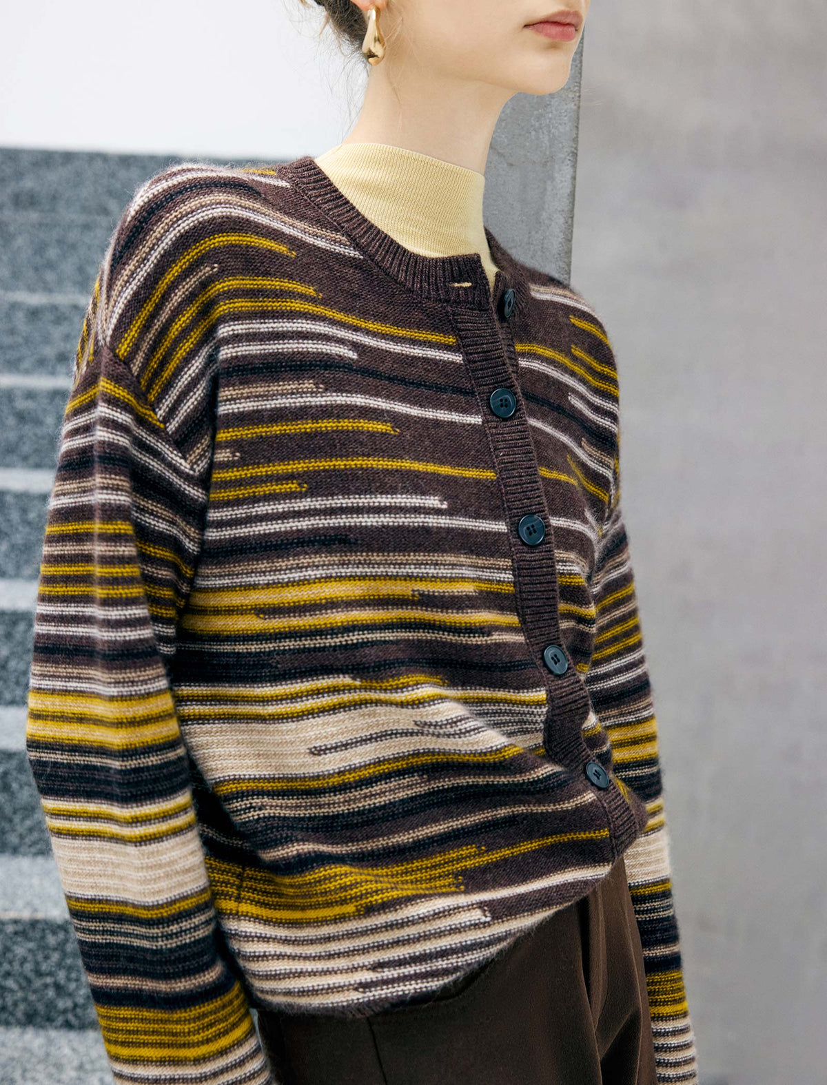 Wool Blend Striped Drop-Shoulder Button Cardigan