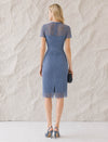 Dusty Blue Floral Lace Sheath Midi Dress