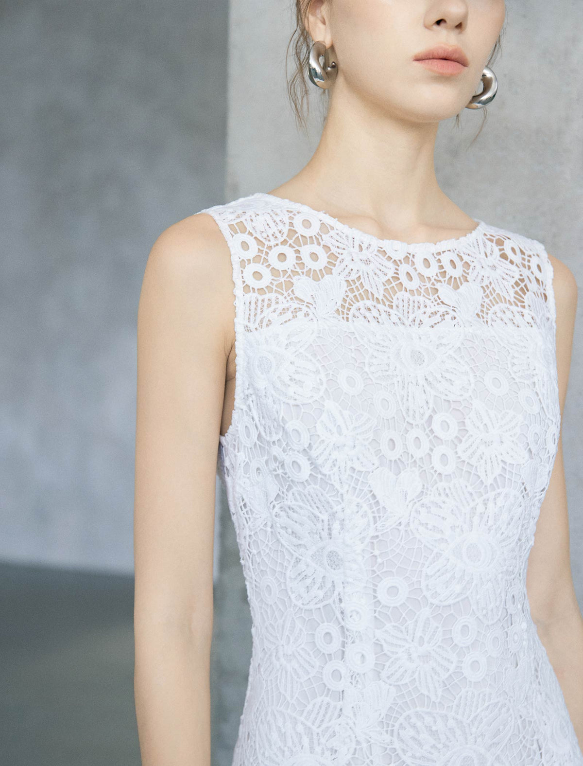 Sleeveless White Floral Crochet Lace Midi Dress