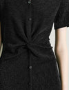 Shiny Black V-Neck Twist Detail Midi Dress