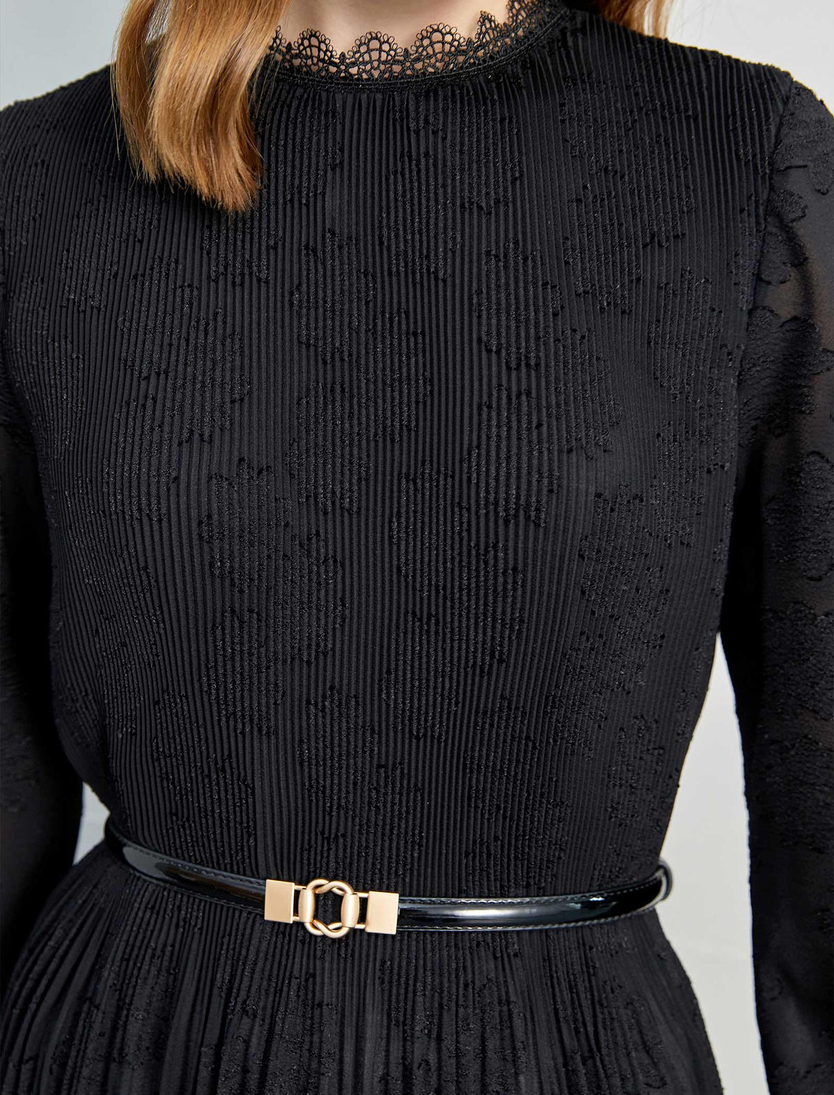 Black Lace Pleated Midi Dress