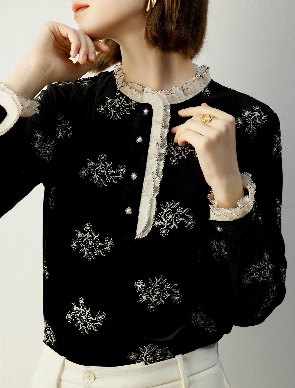 Floral Long-Sleeve Blouse with Lace Trim