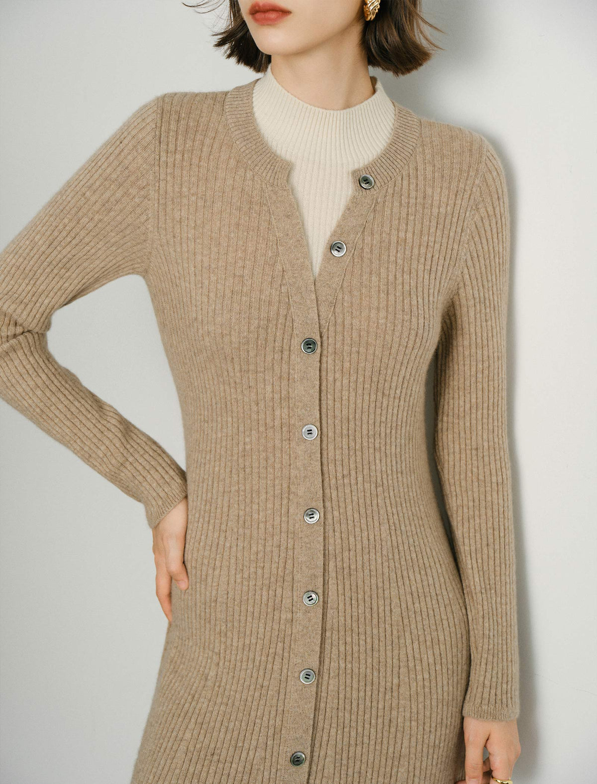 Wool Blend Long-Sleeve Button-Front Midi Dress