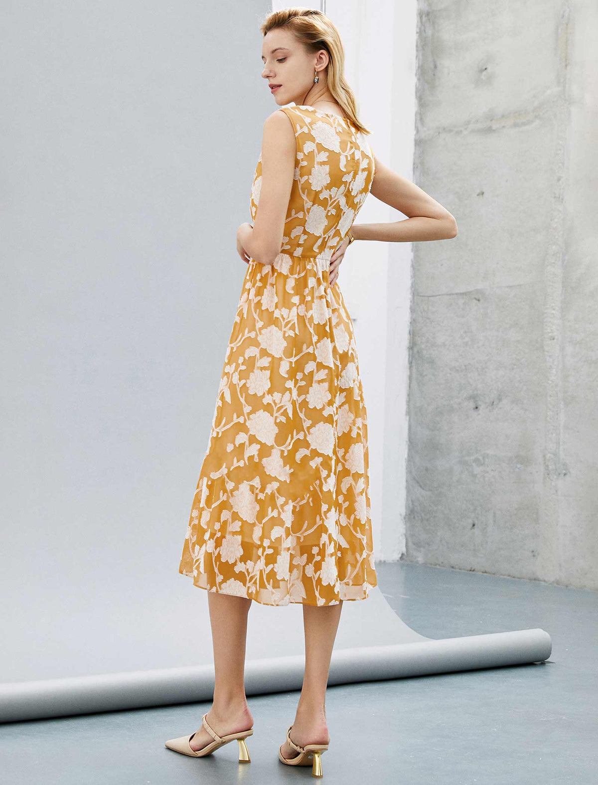 Mustard Floral Sleeveless Midi Dress