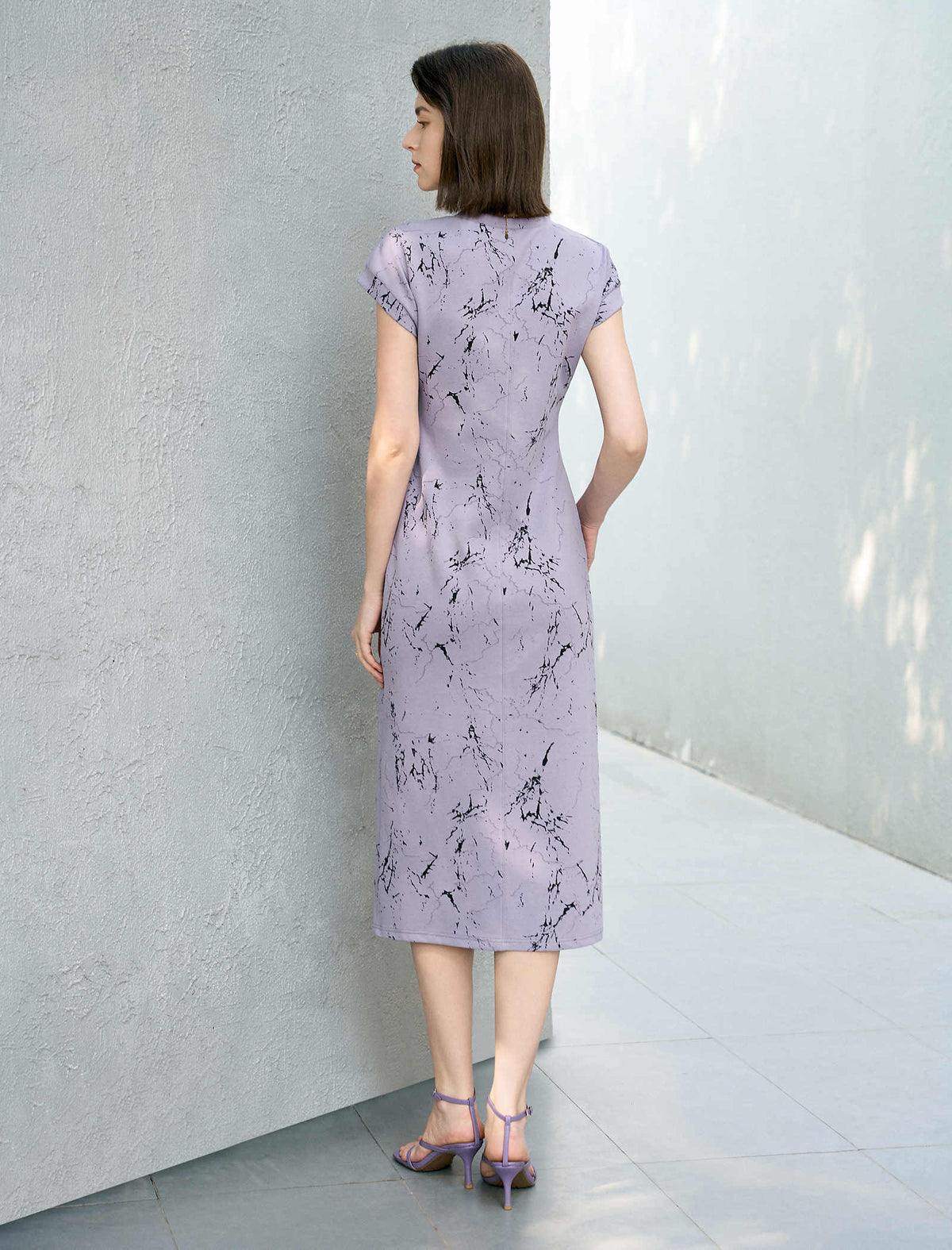 Lilac Marble Print Slit Midi Dress