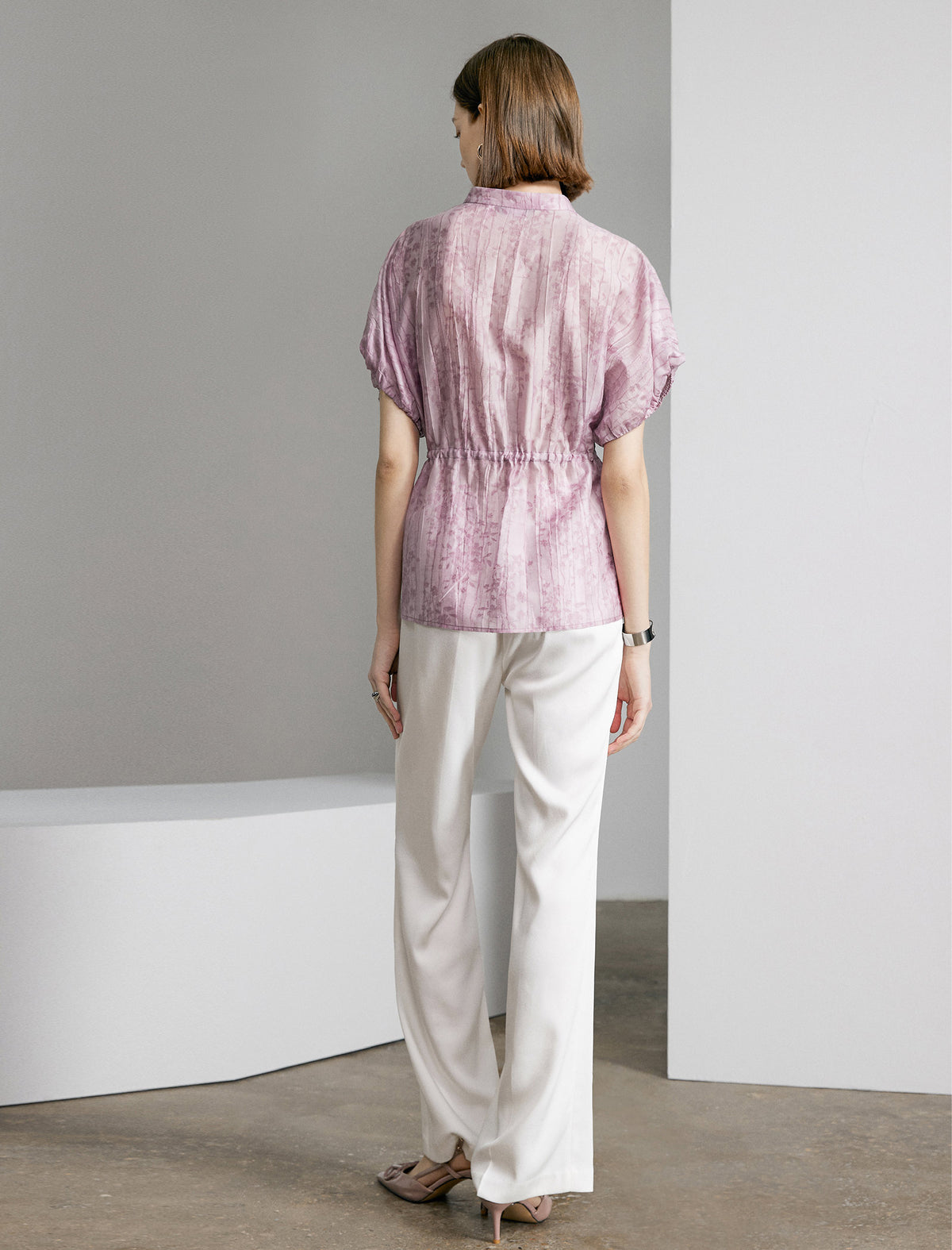 Textured Floral Drawstring Waist Top