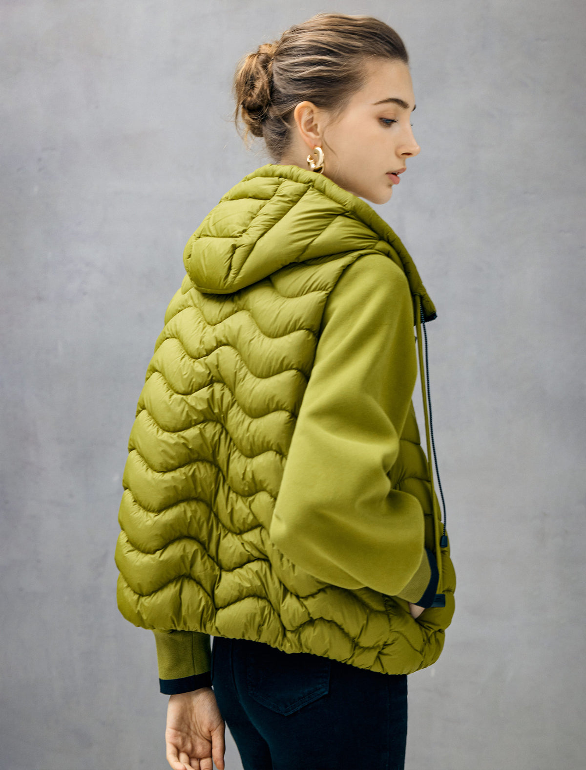 Hooded Quilted Drawstring Zip-Front Cropped Jacket