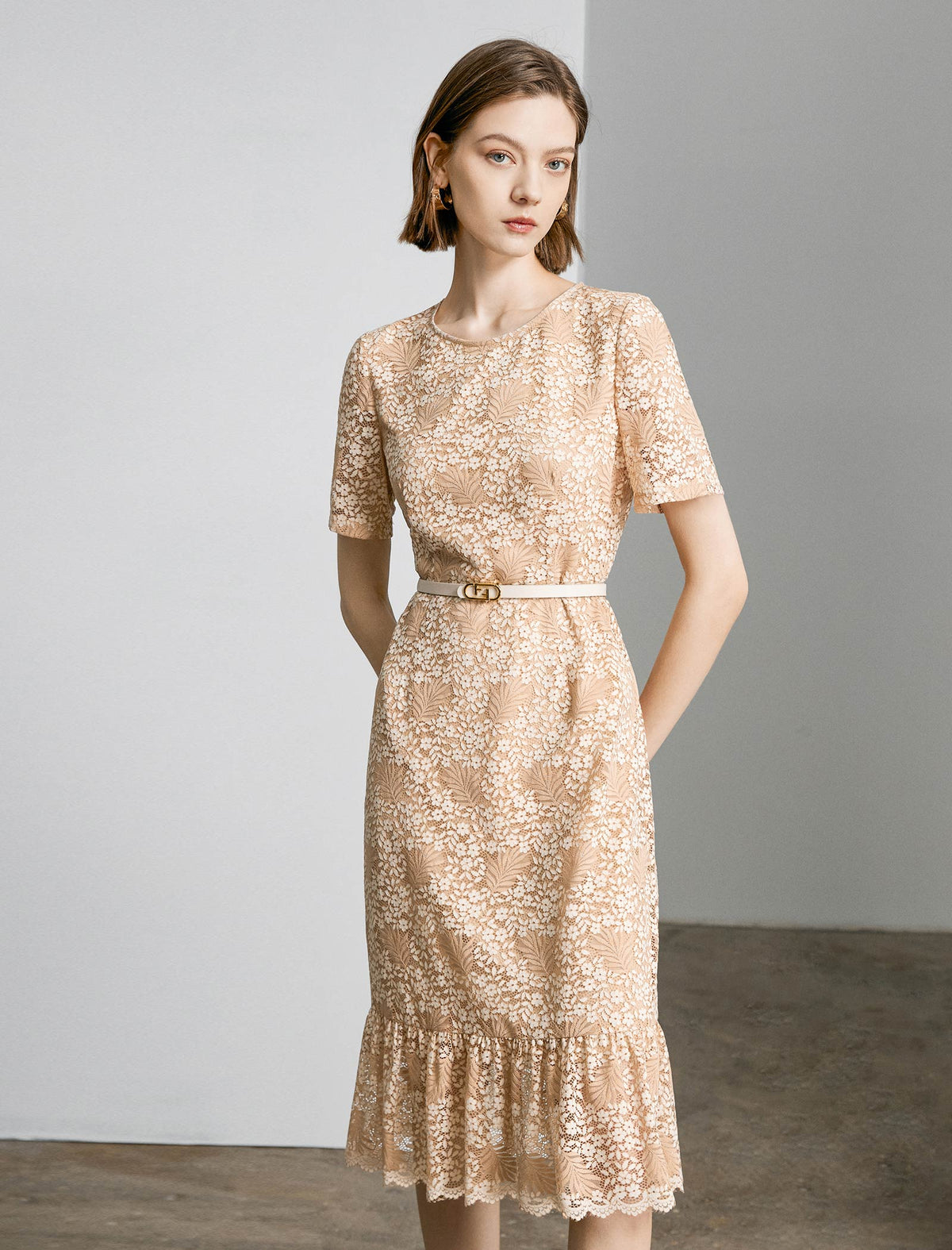 Floral Lace Ruffled Hem Midi Dress