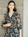 Black And Beige Floral Print Midi Dress