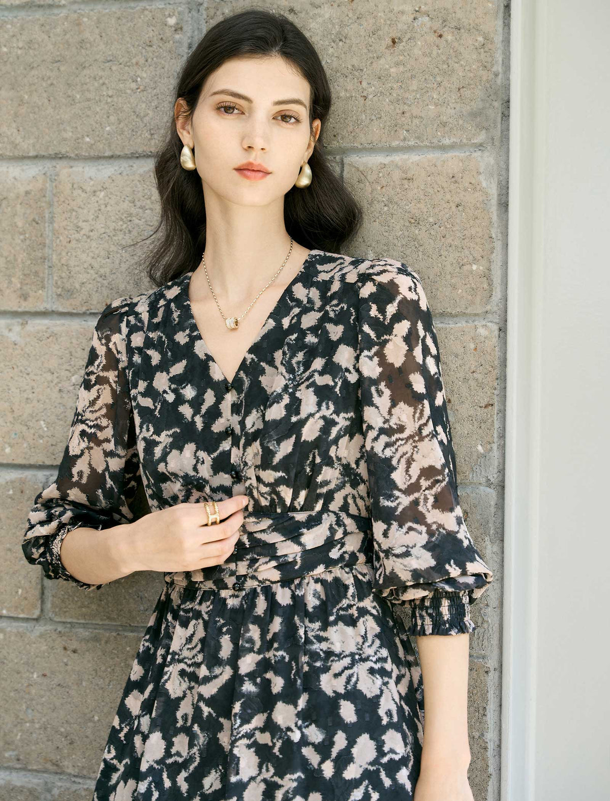 Black And Beige Floral Print Midi Dress