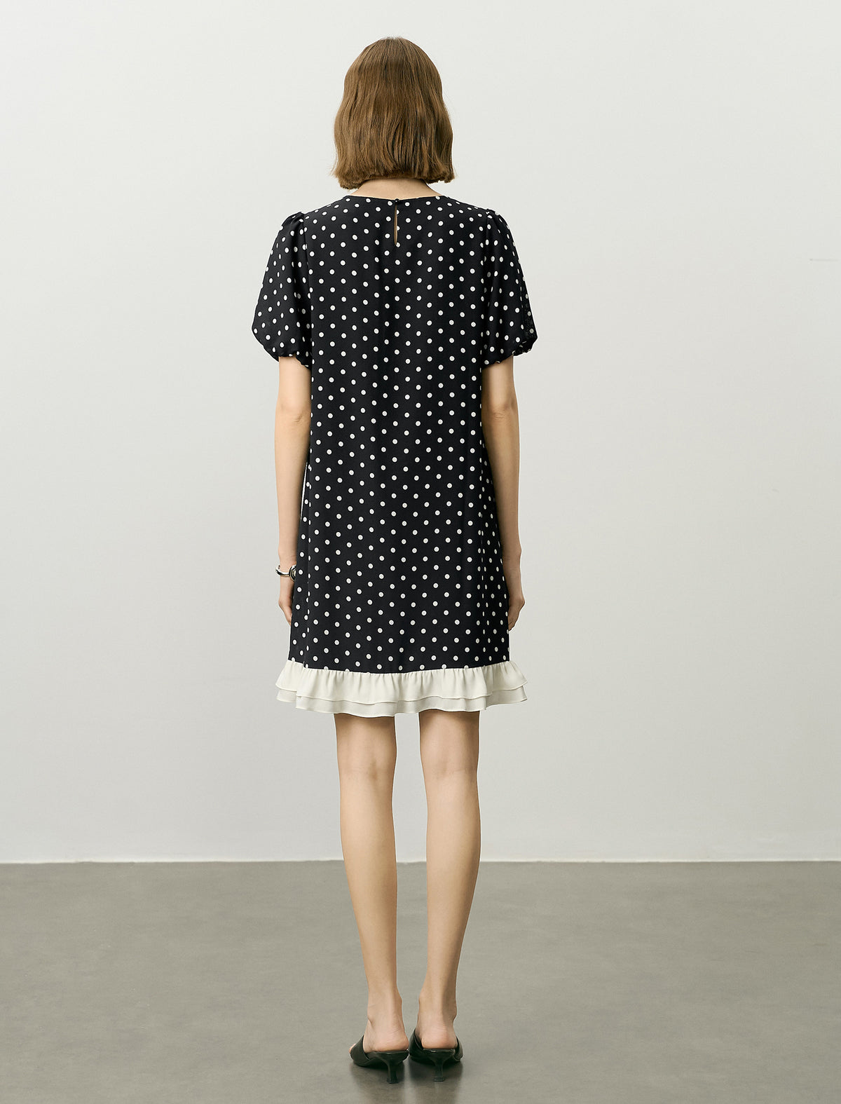 Black Polka Dot Puff Sleeve Ruffle Hem Dress