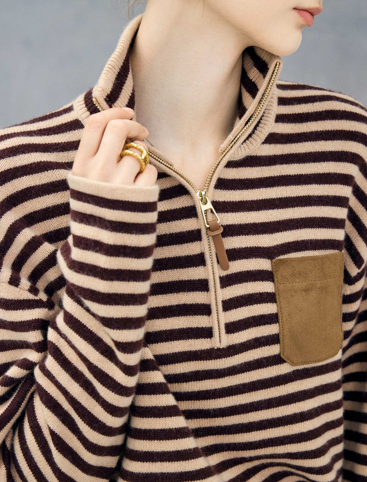 Wool Blend Striped Stand-Collar Half-Zip Relaxed Sweater