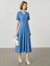 Blue V-Neck Seamed Fit-and-Flare Tencel Midi Dress