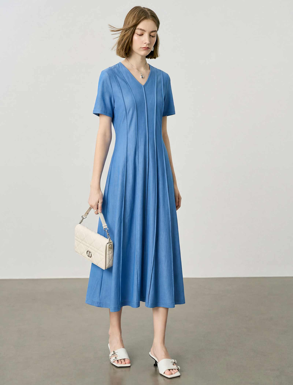 Blue V-Neck Seamed Fit-and-Flare Tencel Midi Dress