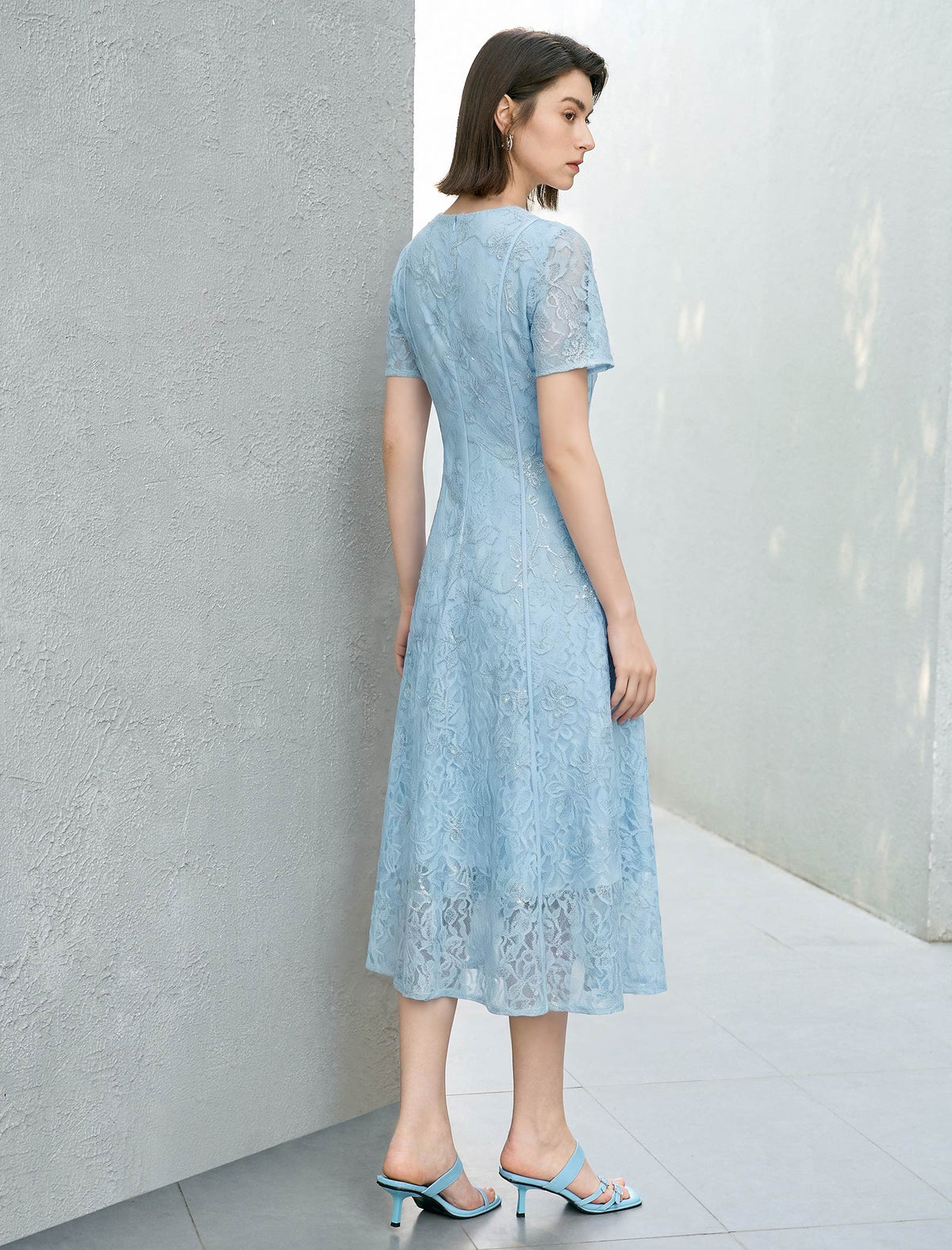 Light Blue Lace Pearl Neckline Midi Dress