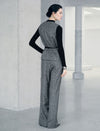Wool Blend Crewneck Belted Pocket Sleeveless Vest
