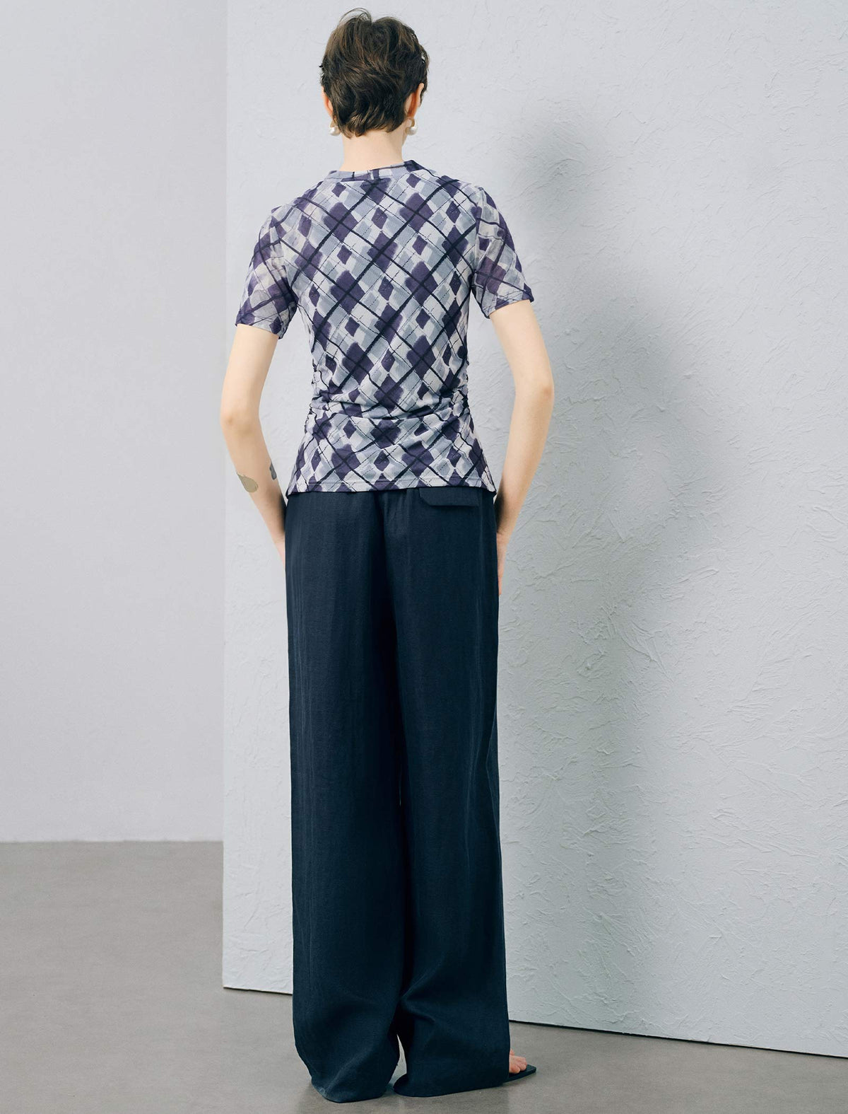 Blue Checked Ruched Front Top