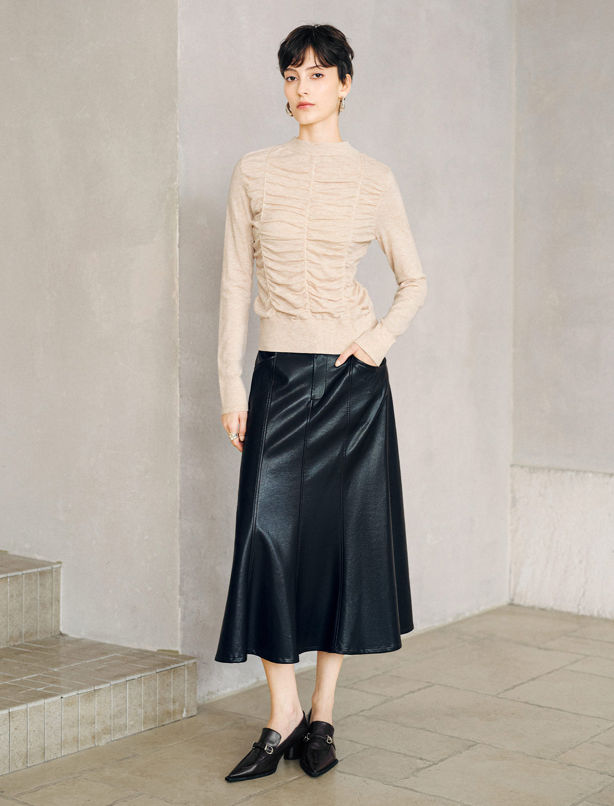 Wool Blend Ruched Front Mock Neck Long Sleeve Knit Top