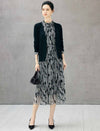 Abstract Print Belted Long Sleeve Midi Dress