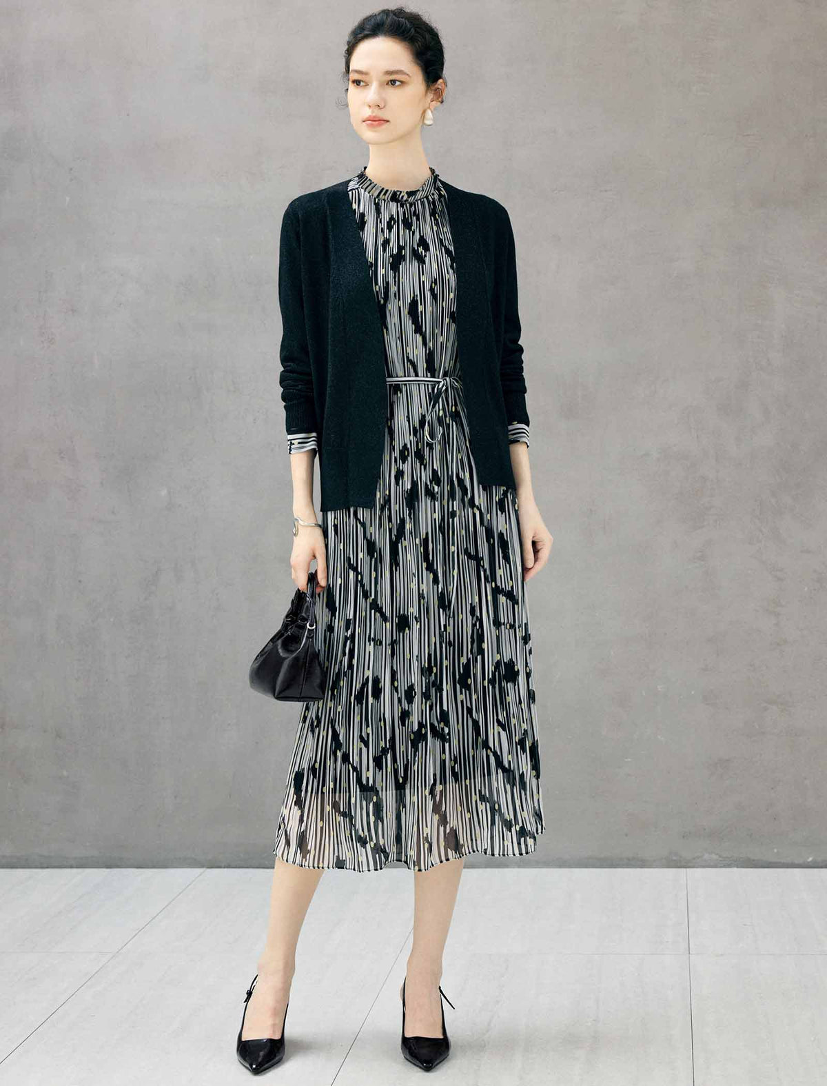 Abstract Print Belted Long Sleeve Midi Dress