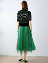 Green Pleated Mesh A-Line Midi Skirt
