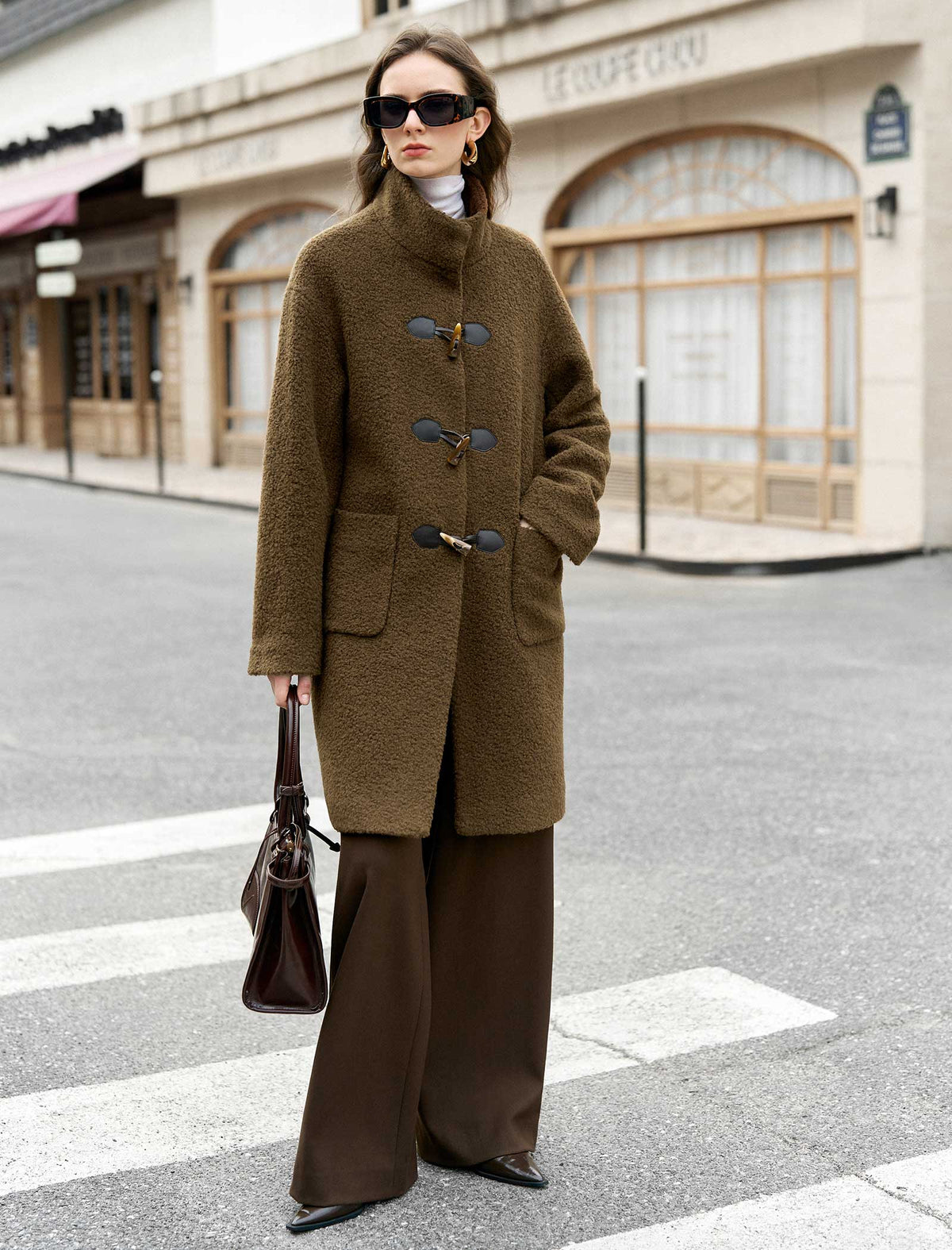 Brown Wool-Blend Toggle Coat
