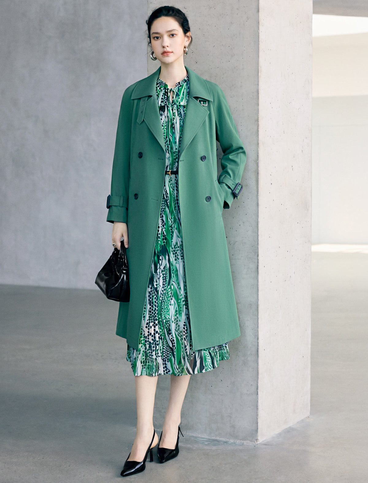 Notched Lapel Double Breasted Belted Knee-Length Trench Coat