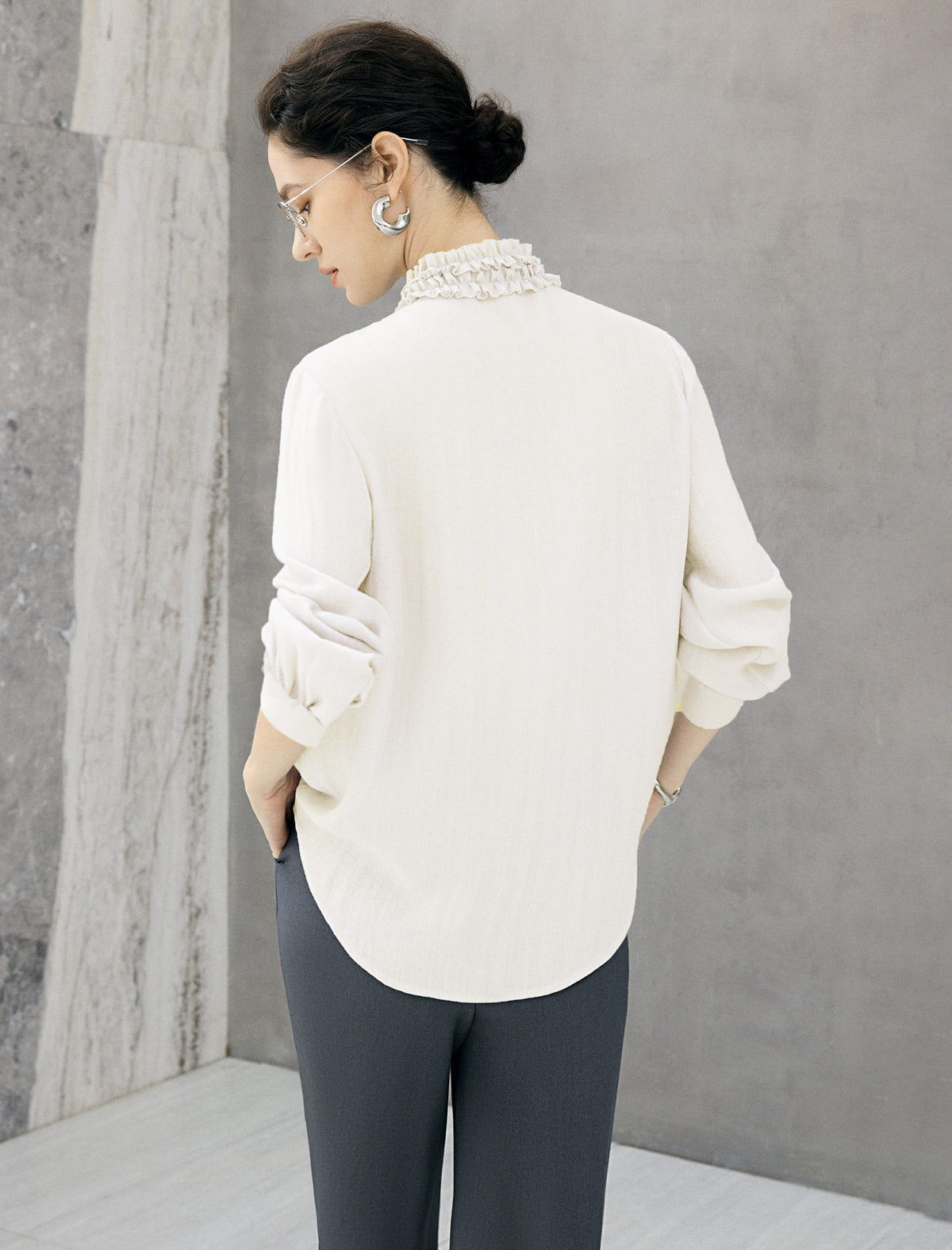 Ruffled Mock Neck Textured Blouse