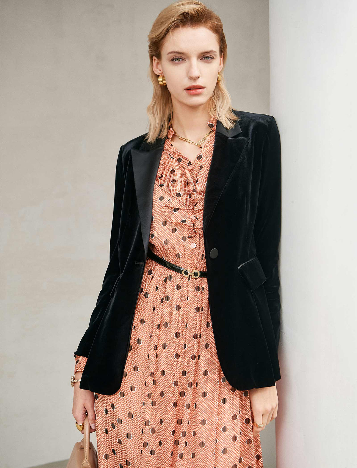 Peach Polka Dot Ruffled Neck Midi Dress