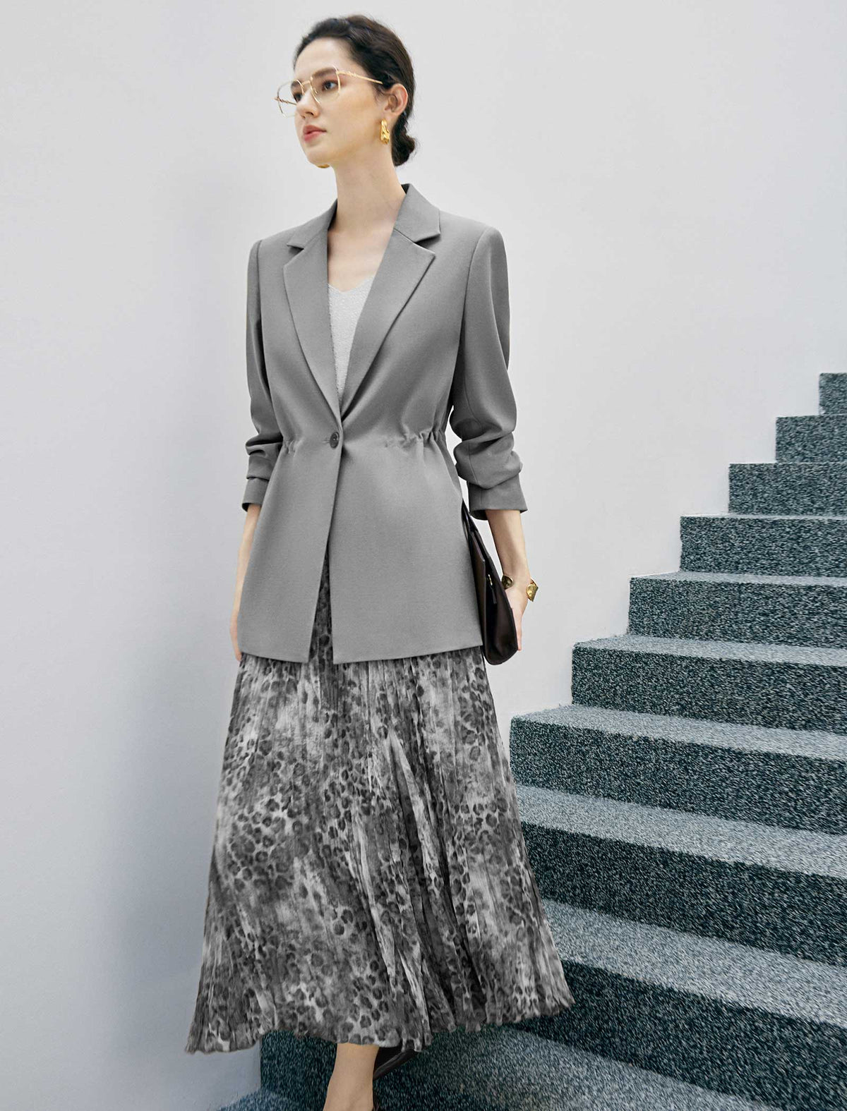 Notched Lapel Drawstring Waist Long Sleeve Jacket