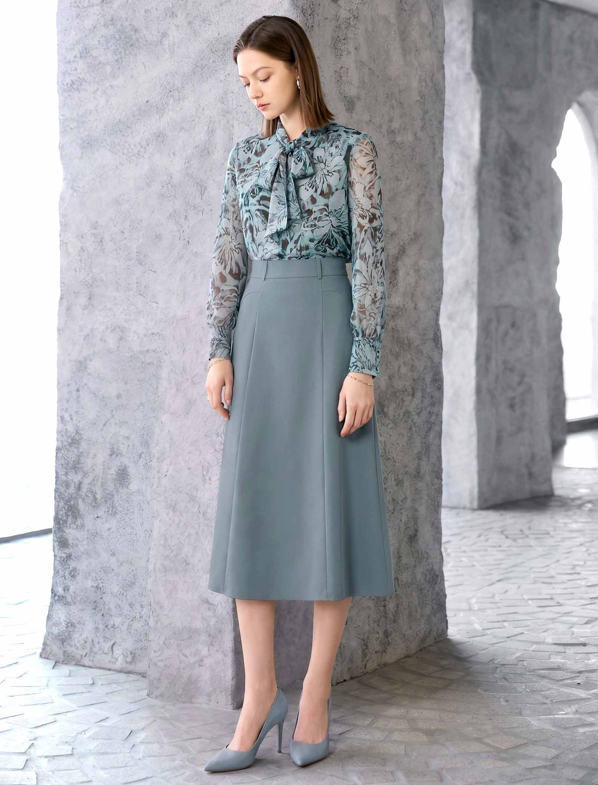 Sheer Abstract Print Bow Neck Blouse