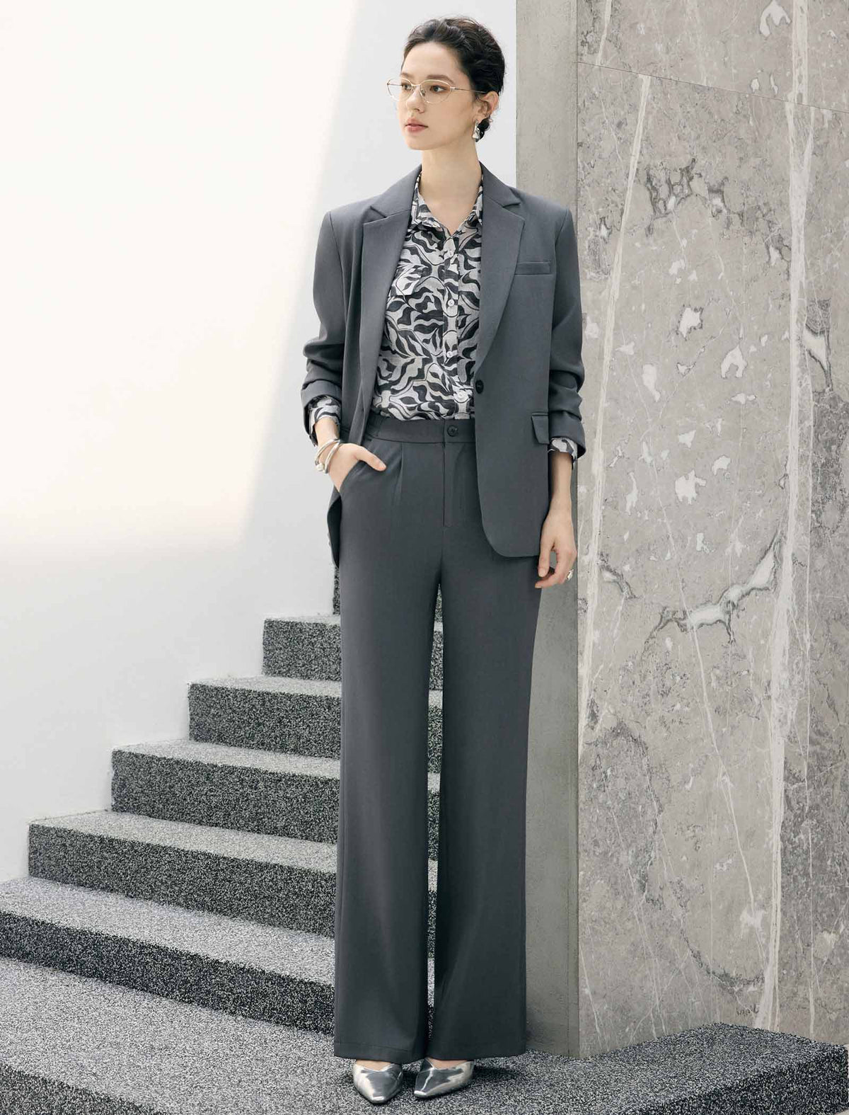 Abstract Floral Print Belted Long Sleeve Blouse