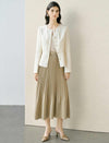 Camel Satin Pleated Midi Skirt
