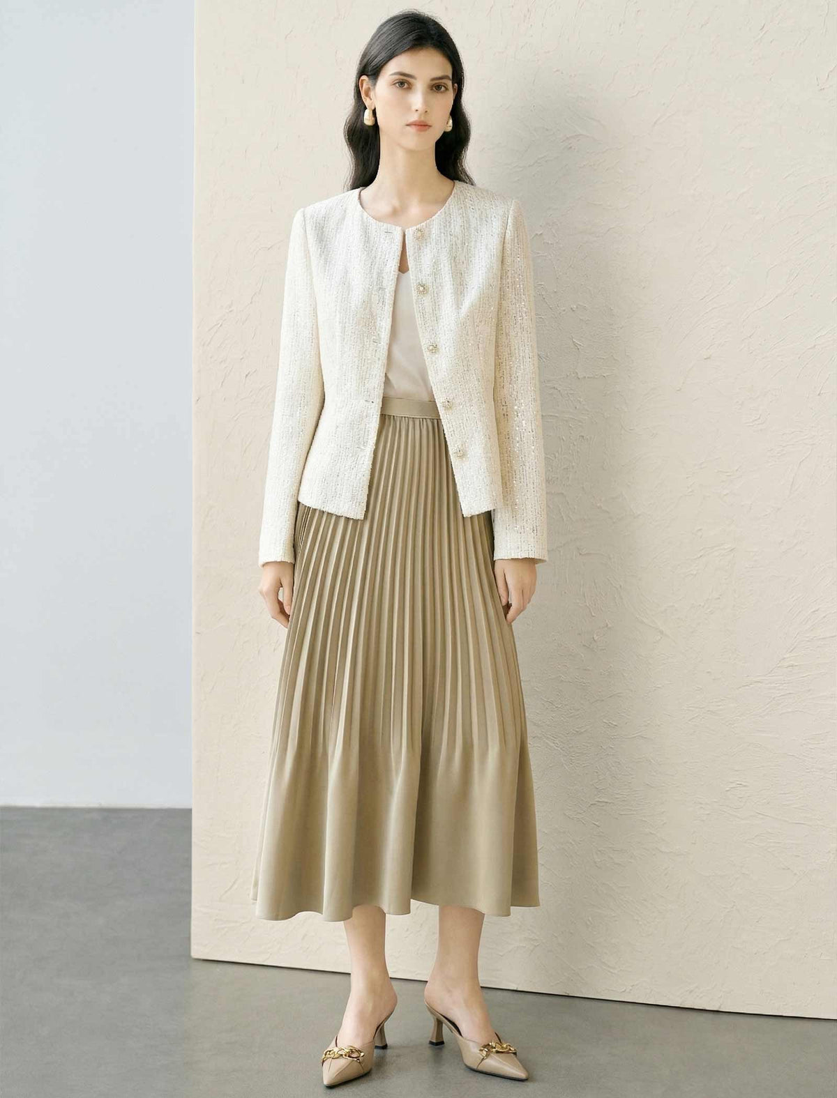 Camel Satin Pleated Midi Skirt